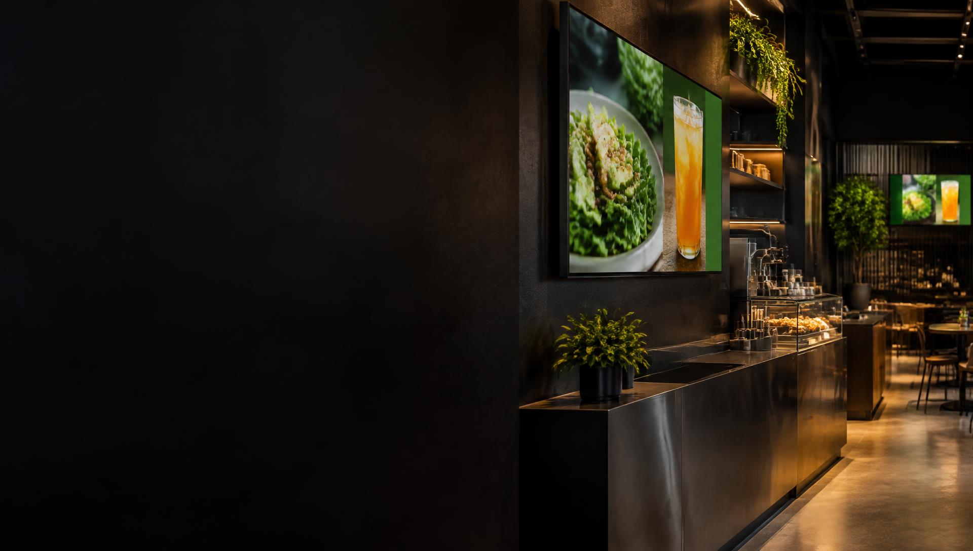 TVs EduFlowTV exibindo campanhas em um restaurante